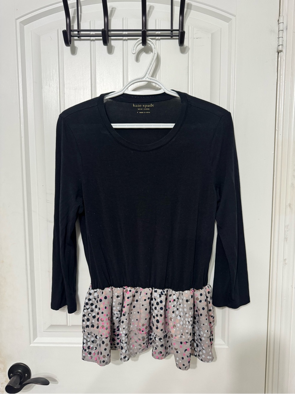 kate spade Black Top with Pink and Gray Polka Dot Peplum